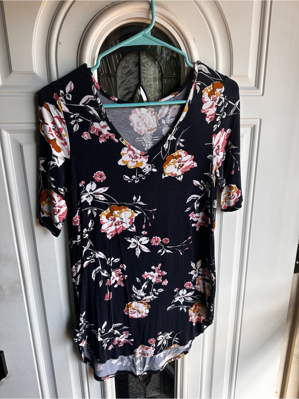 Maurices Black Floral V-Neck Tunic with Pink & Mustard Blooms